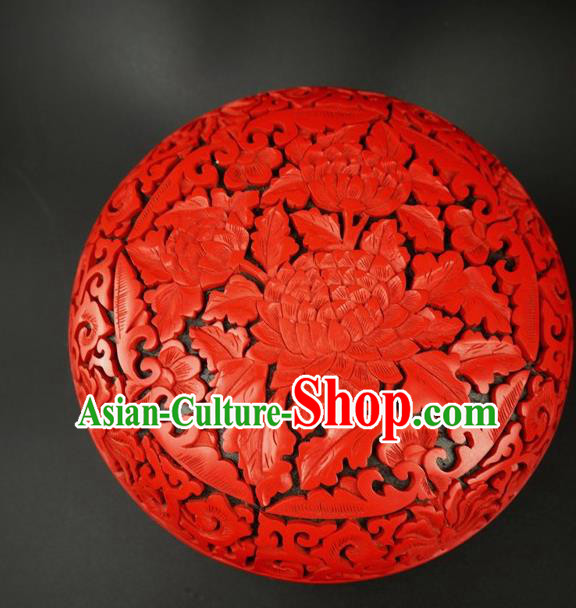 Traditional Chinese Carving Peony Flowers Lacquerware Hand Red Rouge Box Craft