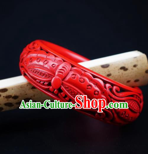 Traditional Chinese Carving Butterfly Lacquerware Bracelet Hand Red Bangle Accessories