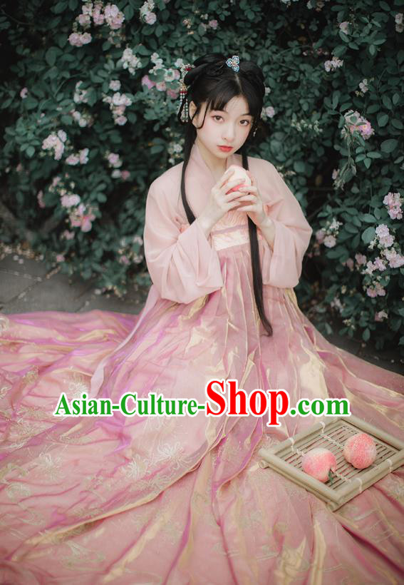 Chinese Traditional Hanfu Tang Dynasty Noble Lady Costumes Ancient Princess Garment Pink Blouse and Dress Full Set