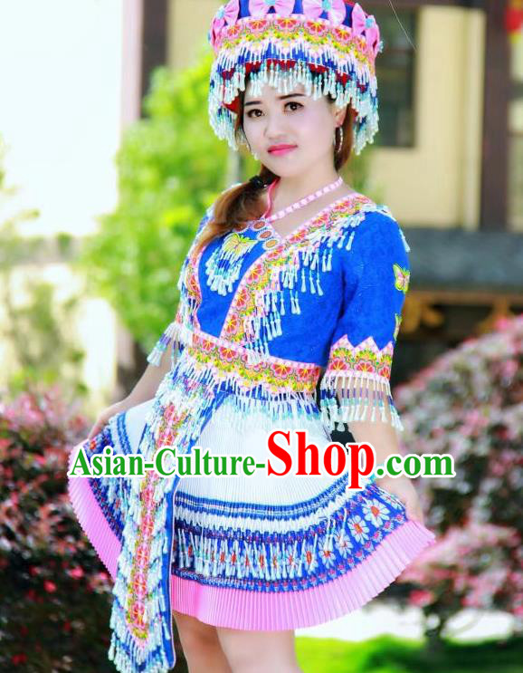 China Miao Ethnic Folk Dance Royalblue Short Dress Minority Nationality Costumes Women Apparels and Headwear