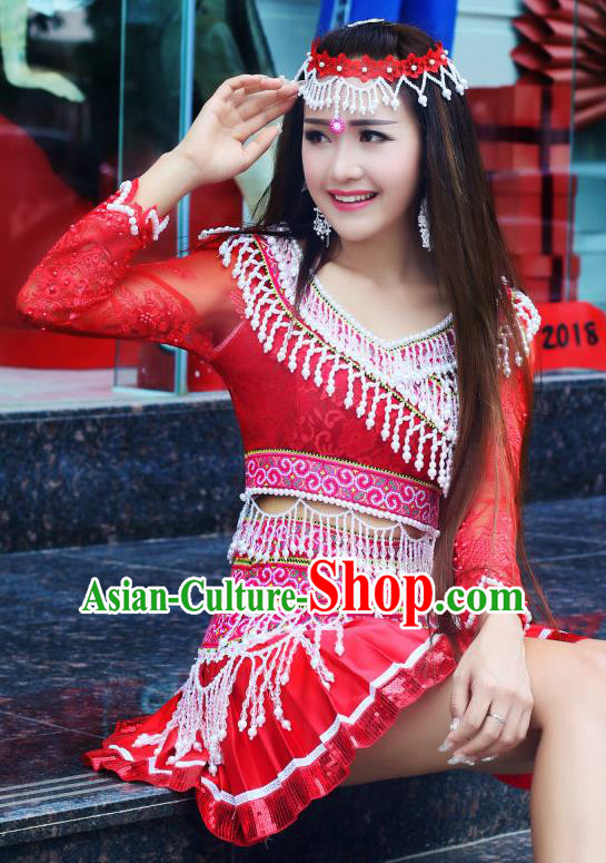 China Wenshan Miao Ethnic Folk Dance Red Short Dress Minority Nationality Costumes Women Apparels Blouse and Skirt with Hat