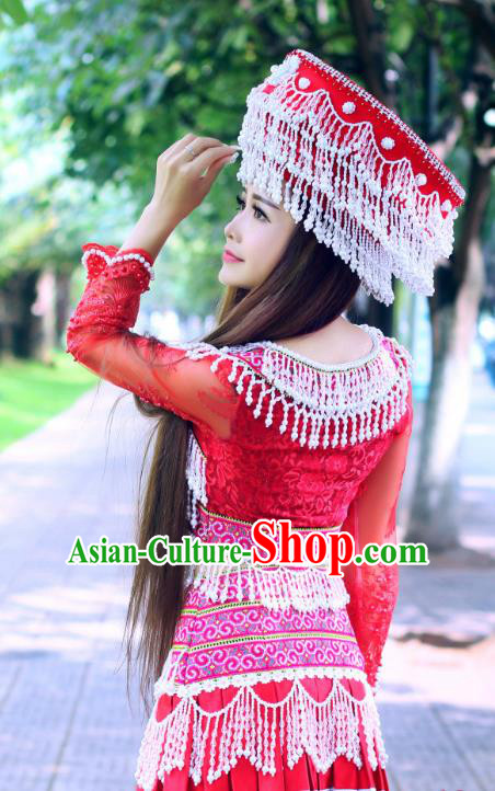 China Wenshan Miao Ethnic Folk Dance Red Short Dress Minority Nationality Costumes Women Apparels Blouse and Skirt with Hat