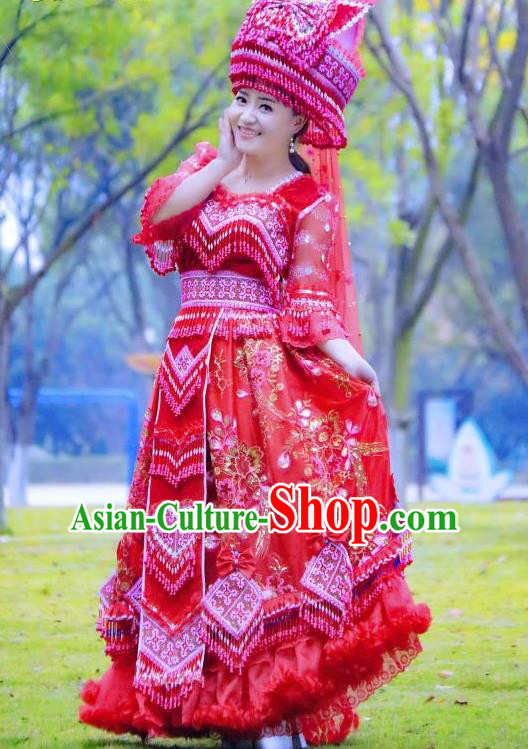 China Ethnic Women Red Wedding Dress Miao Minority Bride Costumes Yunnan Nationality Women Apparels with Headdress