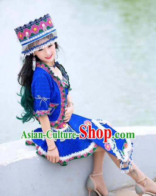 China Ethnic Folk Dance Sexy Short Dress Yunnan Nationality Apparels Miao Minority Women Clothing with Hat
