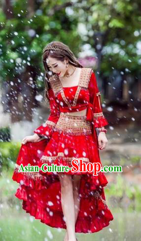China Ethnic Women Apparels Miao Nationality Red Velvet Blouse and Short Skirt Minority Folk Dance Clothing