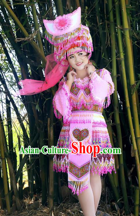 Hunan Xiangxi Yao Ethnic Dance Apparels China Nationality Wedding Clothing Minority Bride Pink Blouse and Short Skirt with Headdress