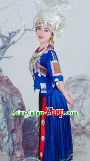 China Miao Minority Traditional Festival Apparels Ethnic Celebration Clothing Hmong Embroidered Royalblue Blouse and Skirt with Headdress