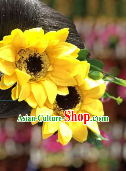China Minority Nationality Women Headwear Miao Ethnic Bride Hair Accessories Handmade Yellow Sunflowers Hair Stick