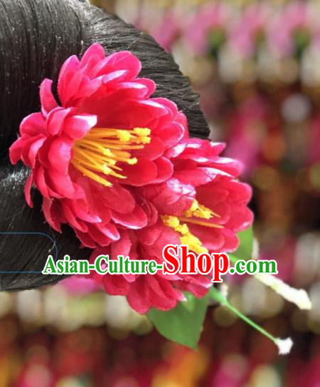 China Handmade Red Chrysanthemum Hair Stick Ethnic Wedding Hair Accessories Miao Minority Nationality Women Headwear