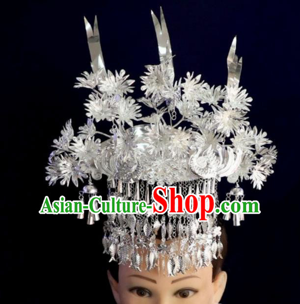 China Miao Nationality Stage Performance Hair Accessories Handmade Ethnic Minority Jewelry Bride Silver Phoenix Coronet