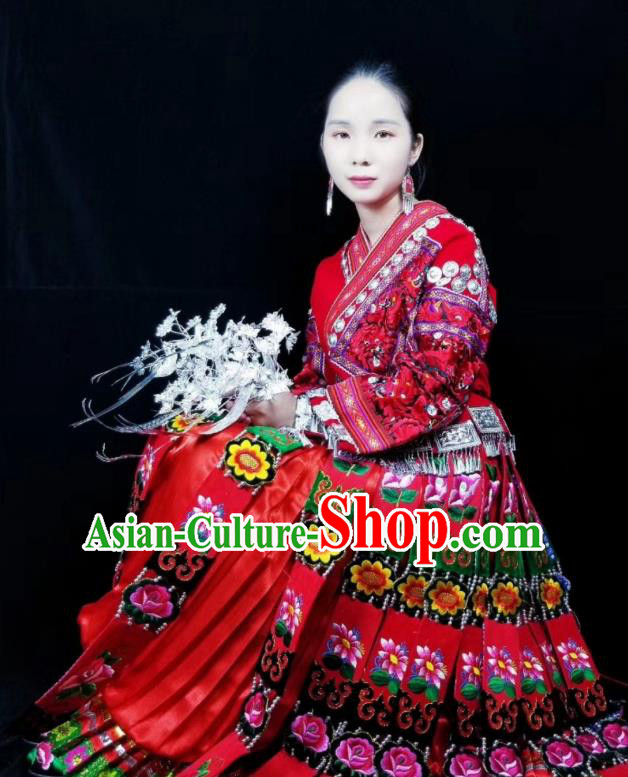 China Xiangxi Miao Minority Wedding Red Blouse and Skirt Traditional Ethnic Festival Apparels Bride Clothing with Headdress