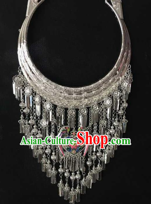 Chinese Handmade Silver Longevity Lock Yunnan Miao Ethnic Bride Jewelry Accessories Blueing Birds Necklace