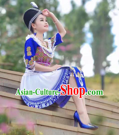 Traditional China Yao Ethnic Female Royalblue Outfits Yunnan Minority Costumes and Hat