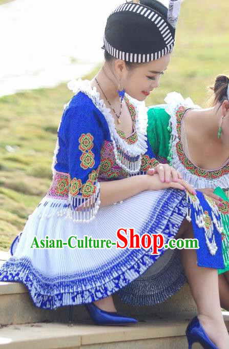 Traditional China Yao Ethnic Female Royalblue Outfits Yunnan Minority Costumes and Hat