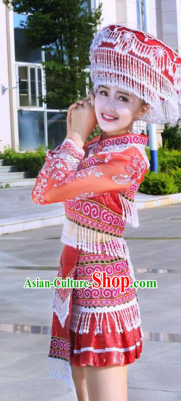 China Hmong Ethnic Female Red Short Dress Yunnan Miao Minority Clothing Folk Dance Apparels and Headwear