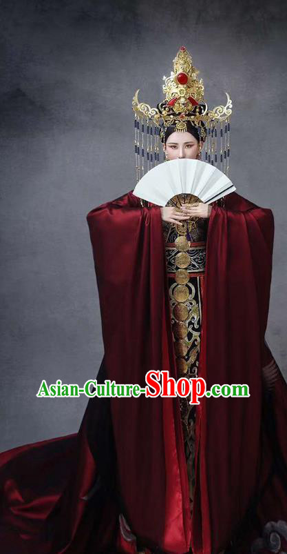Chinese Ancient Queen Wu Zetian Hanfu Dress Traditional Tang Dynasty Female King Costumes and Headdress Full Set
