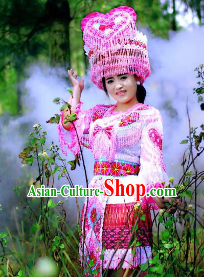 China Yunnan Ethnic Folk Dance Blouse and Skirt with Hat Miao Minority Bride Clothing Travel Photography Apparels