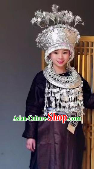 China Miao Ethnic Folk Dance Headdress Hmong Minority Argent Phoenix Coronet and Necklace Set
