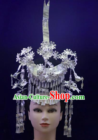 Chinese Miao Ethnic Stage Performance Headwear Quality Minority Nationality Bride Argent Phoenix Coronet Hair Crown Hairpins Full Set
