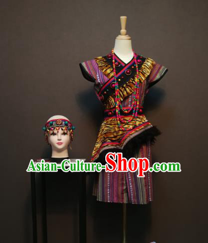 China Traditional Dulong Nationality Blouse and Skirt Outfits She Minority Festival Women Costumes Ethnic Folk Dance Clothing with Headpiece