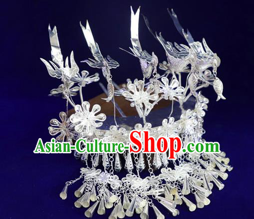 Chinese Ethnic Women Hair Accessories Guizhou Miao Nationality Tassel Hairpins Silver Five Birds Hair Crown
