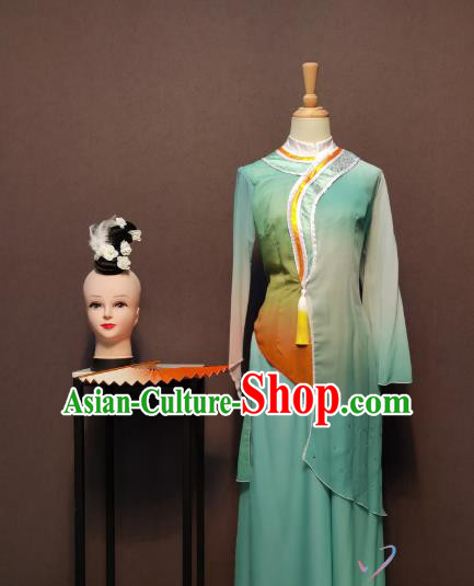 China Women Fan Dance Clothing Blue Dress Spring Festival Gala Classical Dance Costumes and Headwear