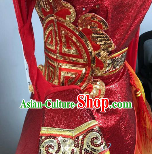 Traditional China Classical Dance Costume New Year Drum Dance Red Dress and Hair Accessories for Women