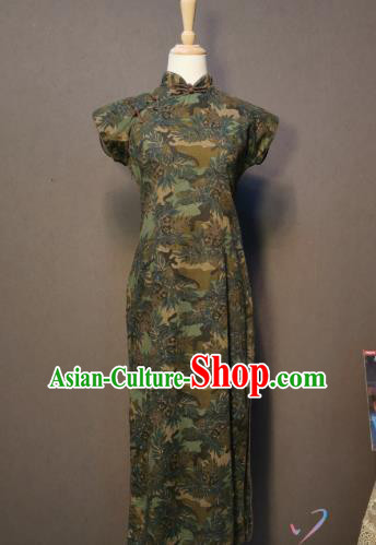 Printing Dark Green Qipao Dress Republic of China Traditional Shanghai Cheongsam Classical Dance Clothing