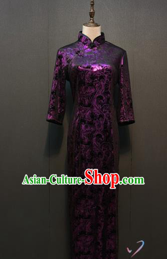 Republic of China Middle Age Women Cheongsam Drama Performance Clothing Purple Lace Mother Qipao Dress