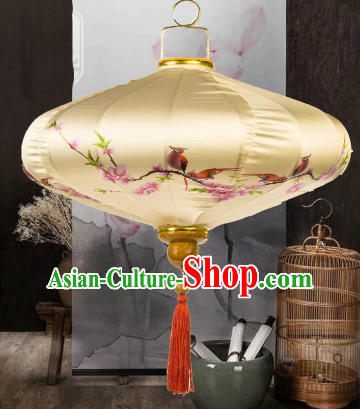 Handmade Chinese Printing Peach Blossom Beige Palace Lanterns Traditional New Year Lantern Classical Festival Silk Lamp