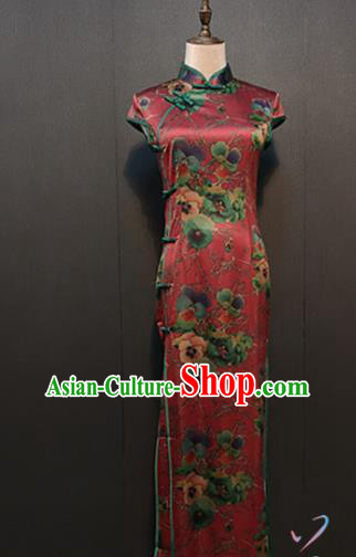 Custom Stage Performance Clothing Republic of China Classical Cheongsam Drama Women Dark Red Silk Qipao Dress