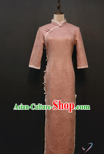 Custom Suede Fabric Qipao Dress Stage Performance Clothing Republic of China Drama Women Classical Pink Cheongsam