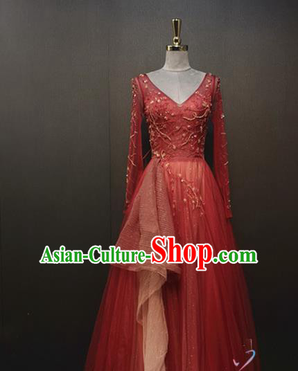 Top Grade Compere Red Dress Stage Performance Modern Dance Clothing Waltz Dance Costume