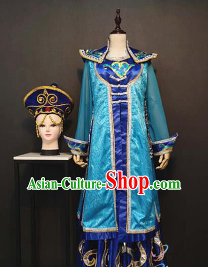 Custom China Mongolian Ethnic Folk Dance Clothing Traditional Minority Costumes Mongol Nationality Festival Blue Dress and Hat