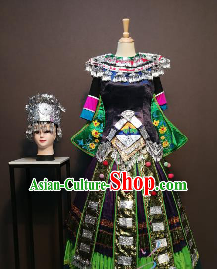 Custom China Xiangxi Ethnic Clothing Tujia Nationality Folk Dance Black Blouse and Skirt Traditional Minority Festival Costumes and Headwear