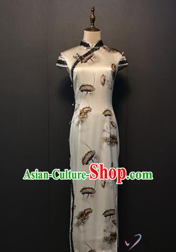 Classical Ink Painting Lotus White Silk Cheongsam Compere Qipao Dress Custom Stage Performance Clothing