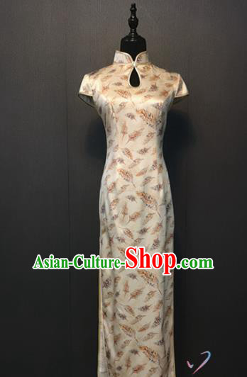 Compere Classical Leaf Pattern White Silk Qipao Dress Custom Shanghai Cheongsam Stage Performance Clothing