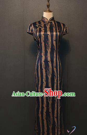 Custom Young Mistress Cheongsam Women Clothing Shanghai Classical Navy Silk Qipao Dress