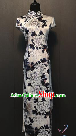 Traditional Printing Peony White Silk Cheongsam Custom Classical Qipao Dress Republic of China Shanghai Women Clothing