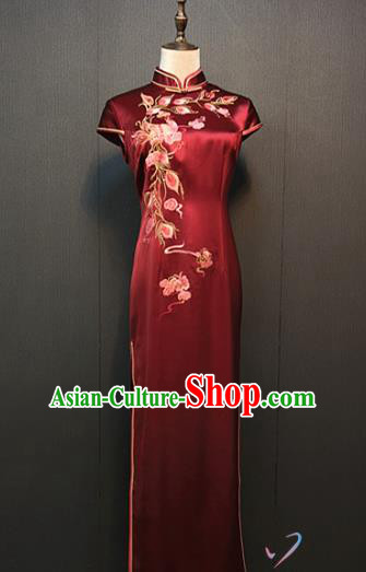 Republic of China Shanghai Women Clothing Custom Bride Cheongsam Top Quality Classical Wine Red Silk Qipao Dress