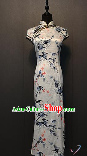 Custom China Printing Plum Birds White Qipao Dress Traditional Classical Silk Cheongsam Compere Clothing
