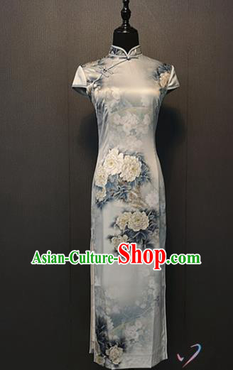 Custom China Traditional Classical Silk Cheongsam Compere Clothing Printing Peony White Qipao Dress