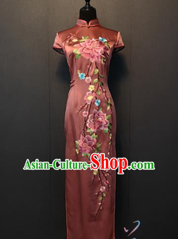 Custom China Traditional Embroidered Peony Pink Silk Qipao Dress Shanghai Compere Clothing Classical Cheongsam