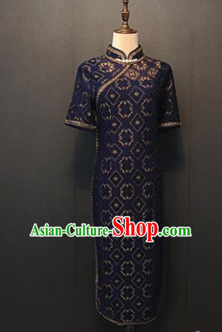 Custom China Wedding Mother Navy Lace Qipao Dress Shanghai Classical Cheongsam Traditional Catwalks Clothing