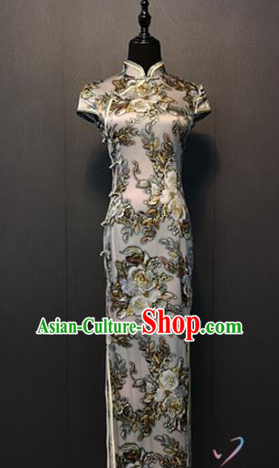 Custom Classical Silk Qipao Dress Shanghai Women Clothing Republic of China Bride Printing Flowers White Cheongsam