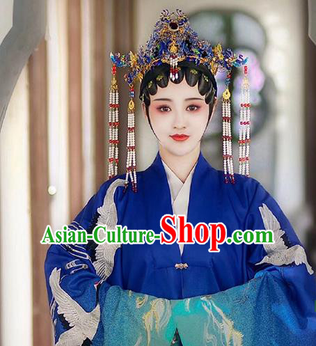 Chinese Ancient Ming Dynasty Costumes Traditional Beijing Opera Apparels Noble Female Blue Cape Blouse and Skirt and Headdress
