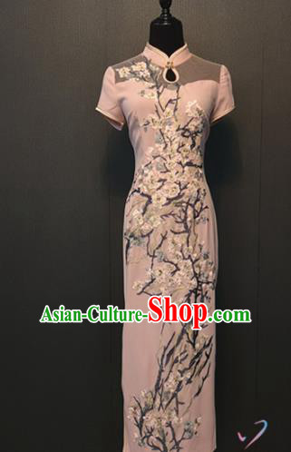 Custom Classical Embroidered Pink Qipao Dress Women Clothing Republic of China Shanghai Silk Cheongsam