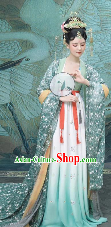 Chinese Ancient Goddess Costumes Traditional Tang Dynasty Princess Light Green Chiffon Hanfu Dress Apparels and Hair Accessories
