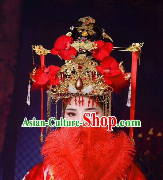 Chinese Ancient Bridal Dress Traditional Tang Dynasty Wedding Apparels Princess Red Costumes and Headdress Complete Set