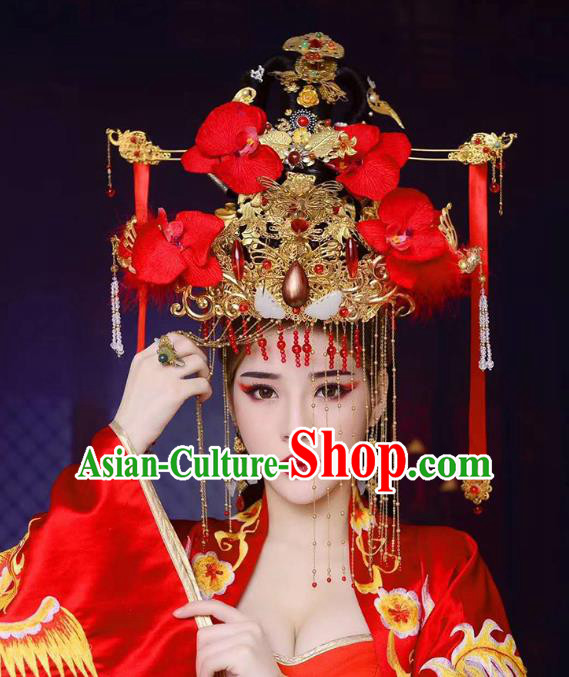 Chinese Ancient Bridal Dress Traditional Tang Dynasty Wedding Apparels Princess Red Costumes and Headdress Complete Set